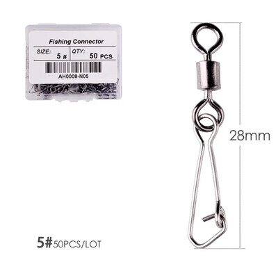 50 ks/krabica Nerezový rybársky otočný háčik s ložiskom #2/0 - #14 s karabínou a konektorom na rybárske náčinie