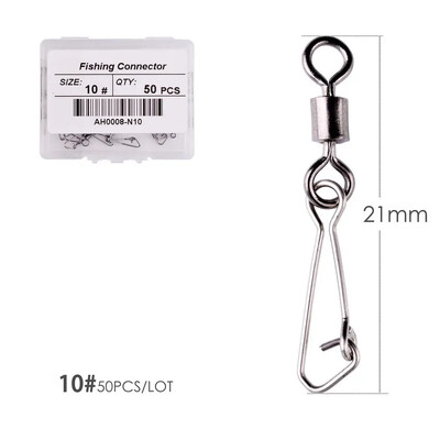 50 ks/krabica Nerezový rybársky otočný háčik s ložiskom #2/0 - #14 s karabínou a konektorom na rybárske náčinie