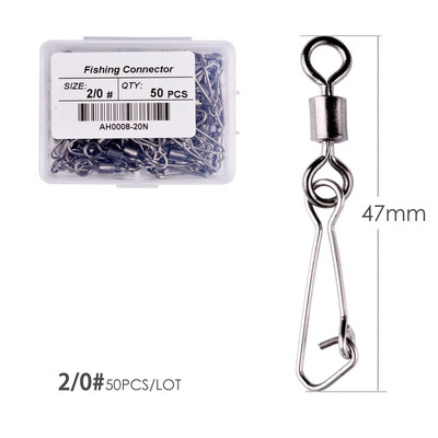 50 ks/krabica Nerezový rybársky otočný háčik s ložiskom #2/0 - #14 s karabínou a konektorom na rybárske náčinie