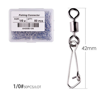 50 ks/krabica Nerezový rybársky otočný háčik s ložiskom #2/0 - #14 s karabínou a konektorom na rybárske náčinie
