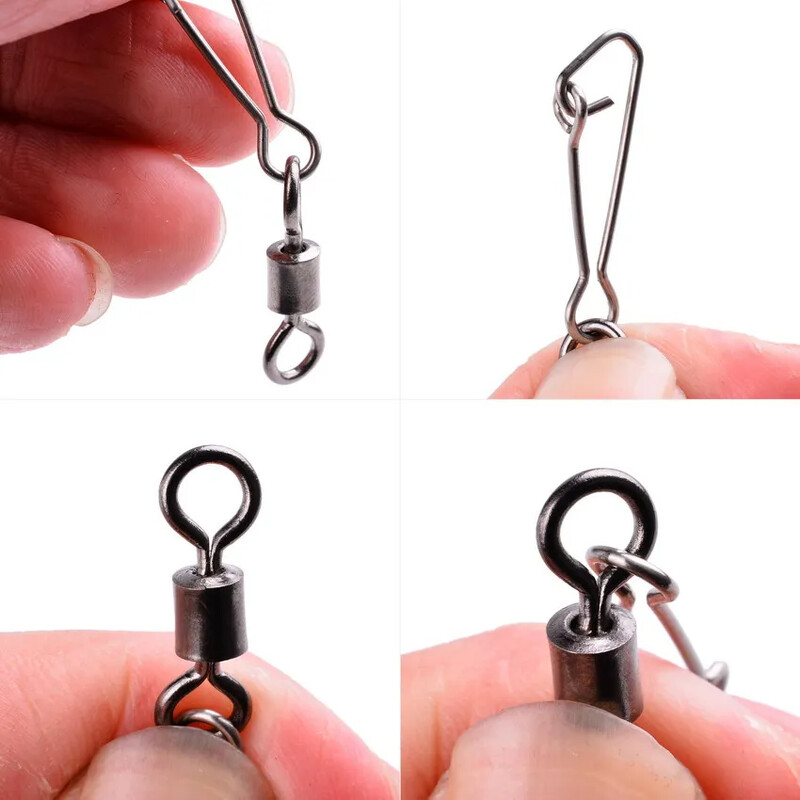 50 ks/krabica Nerezový rybársky otočný háčik s ložiskom #2/0 - #14 s karabínou a konektorom na rybárske náčinie