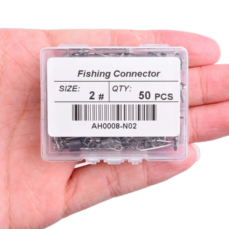 50 ks/krabica Nerezový rybársky otočný háčik s ložiskom #2/0 - #14 s karabínou a konektorom na rybárske náčinie