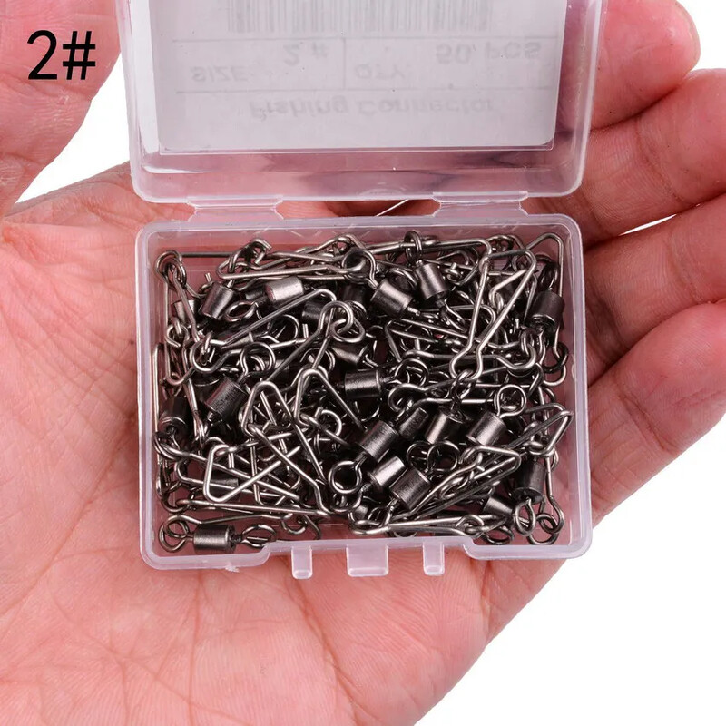 50 ks/krabica Nerezový rybársky otočný háčik s ložiskom #2/0 - #14 s karabínou a konektorom na rybárske náčinie