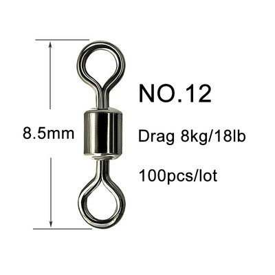 100 GAB makšķerēšanas savienotāju piederumi, grozāmi zvejas āķi, auklas savienotāji, nerūsējošā tērauda zivju piederumi