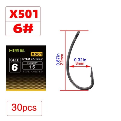 30 vnt PTFE dengtas daug anglies nerūdijančio plieno spygliuotas žuvies kabliukas su akiniais karpių žvejybos priedais X501