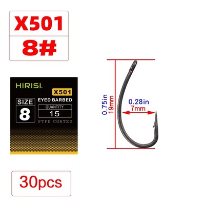 30 vnt PTFE dengtas daug anglies nerūdijančio plieno spygliuotas žuvies kabliukas su akiniais karpių žvejybos priedais X501