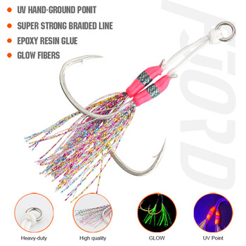 FJORD 2 τμχ/τσάντα Assist Hook Jig Αγκαθωτό UV Point Glow Pike High Carbon Steel Fishing Hook Sea Winter Ice Fishing