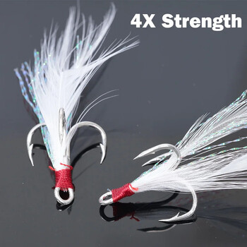 OUTKIT 10 τεμ. Lure Treble Hooks 4X Strength with Feather Tackle Fishing Hook Stronger Carbon Steel Barbed Fishhooks Pesca