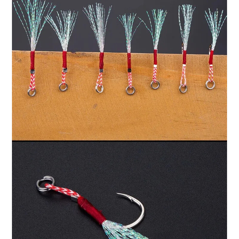 10 buc/lot Jigging lent de pescuit turnat Jigs Cârlig de asistență ghimpat cârlige unic Jig File Feather Pesca Nalu de pescuit din oțel cu conținut ridicat de carbon