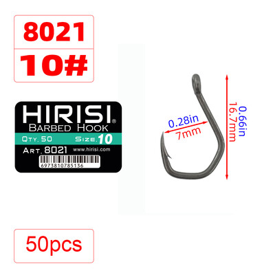 Hirisi 50ks PTFE potiahnuté vysoko uhlíkové nehrdzavejúce oceľové háčiky s ostňami a očkom 8021 Rybárske príslušenstvo