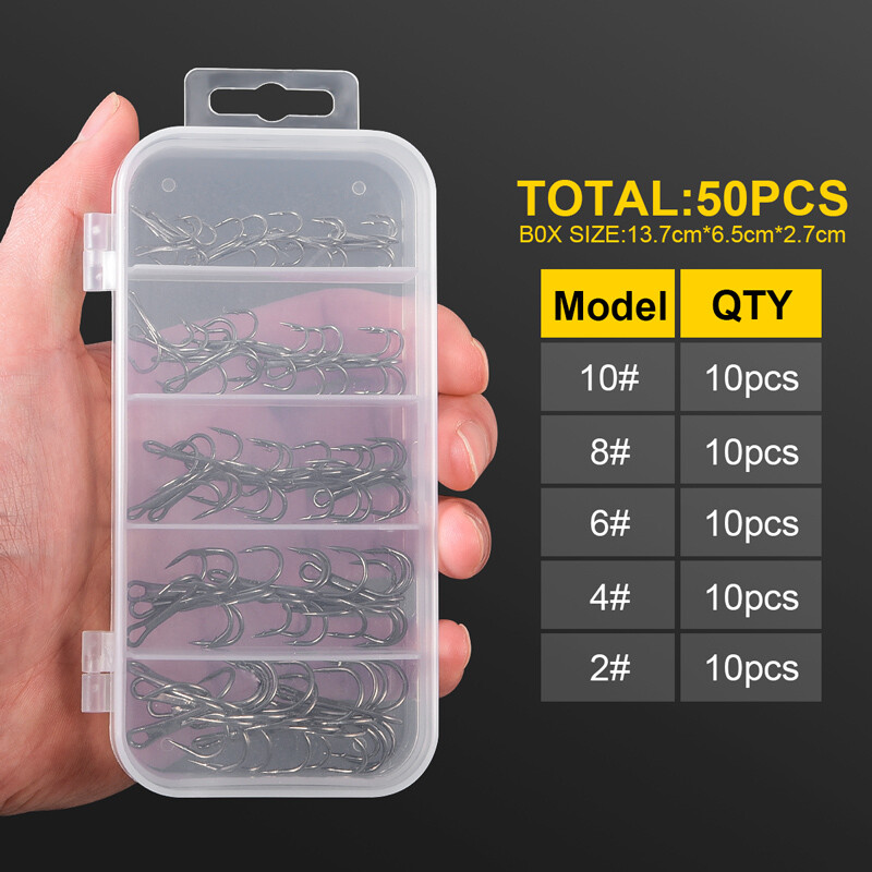 50db /Box #2/#4/#6/#8/#10 Horgászhorog High Carbon Steel Treble Felborított horgok Horgászfelszerelés Round Bend Treble Bass 50db