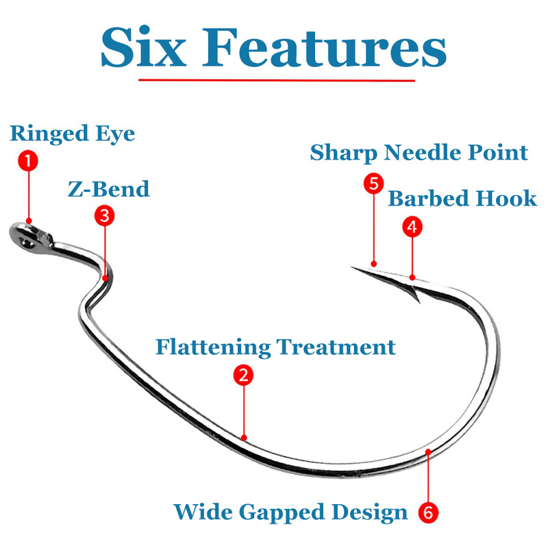 50 vnt Žvejybos kabliukai ešerių žvejybai #1-5/0# Didelio anglies plieno ofsetiniai alkūniniai kabliukai Minkštas sliekinis masalas Jig Formos kabliukai Texas Rig Hook