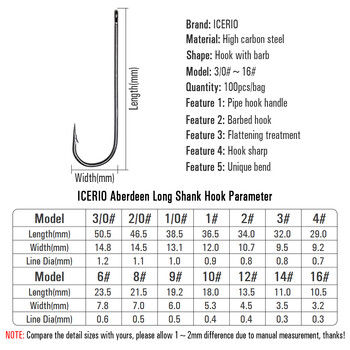 ICERIO 100PCS 16# - 3/0 дълга дръжка фина тел Aberdeen кука соленоводни сладководни риболовни куки Sabiki Rig Streamer Fly Bait Hook