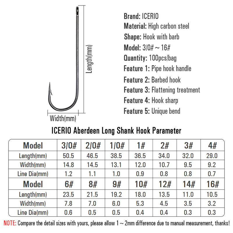 ICERIO 100 ks 16# - 3/0 dlhý driek jemný drôt Aberdeen háčik na morský rybolov sladkovodný rybolov Sabiki Rig Streamer muškársky háčik