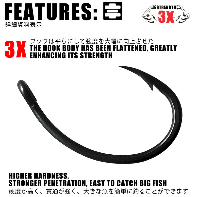 50db Ponty horgász horgok PTFE bevonat magas széntartalmú rozsdamentes acél szöges horgok ívelt széles résű szöges horog erősíti ponty horog