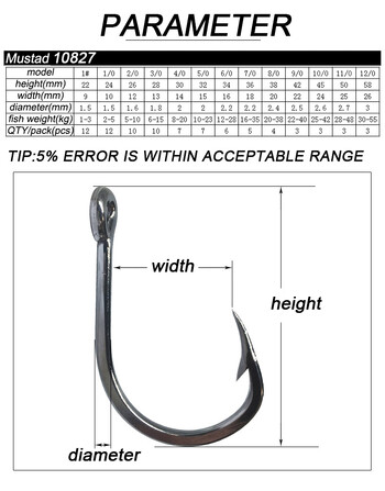 Mustad Norway Origin Sea Fishing Hook Super Power Μεγάλου μεγέθους Hoodlum Fish Hook,1#-12/0#,10827NP-BN