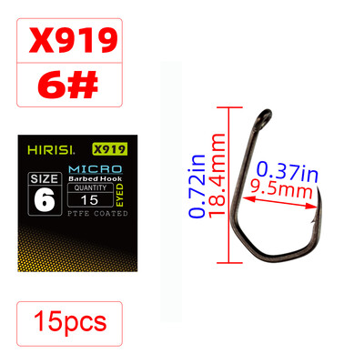 Hirisi 15 ks PTFE potiahnuté rybárske háčiky s vysokou uhlíkovou oceľou s mikro ostňami a okom, príslušenstvo na rybárske háčiky na kapor X919