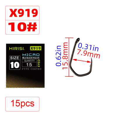 Hirisi 15 ks PTFE potiahnuté rybárske háčiky s vysokou uhlíkovou oceľou s mikro ostňami a okom, príslušenstvo na rybárske háčiky na kapor X919