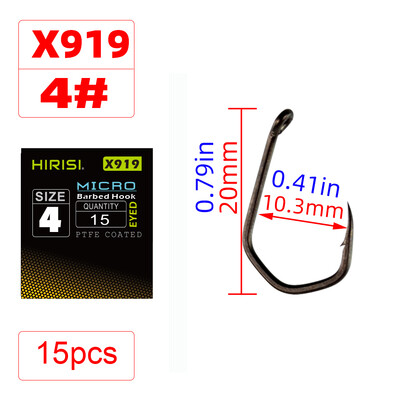 Hirisi 15 ks PTFE potiahnuté rybárske háčiky s vysokou uhlíkovou oceľou s mikro ostňami a okom, príslušenstvo na rybárske háčiky na kapor X919