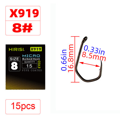 Hirisi 15 ks PTFE potiahnuté rybárske háčiky s vysokou uhlíkovou oceľou s mikro ostňami a okom, príslušenstvo na rybárske háčiky na kapor X919