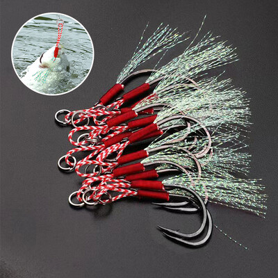 10PCS/Lot Carbon Steel Cast Jig Assist Fishing Cooks Thread Feather Lure Fishing Tackle Slow Jigging Head Hook Lure Аксесоари