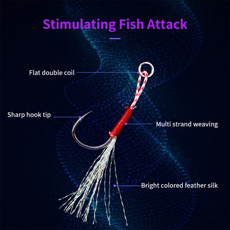 10 ks/sada uhlíkových oceľových liatych jigových rybárskych háčikov s niťou, pierkovou návnadou, rybárskymi potrebami na pomalé jiggingové návnady, príslušenstvom