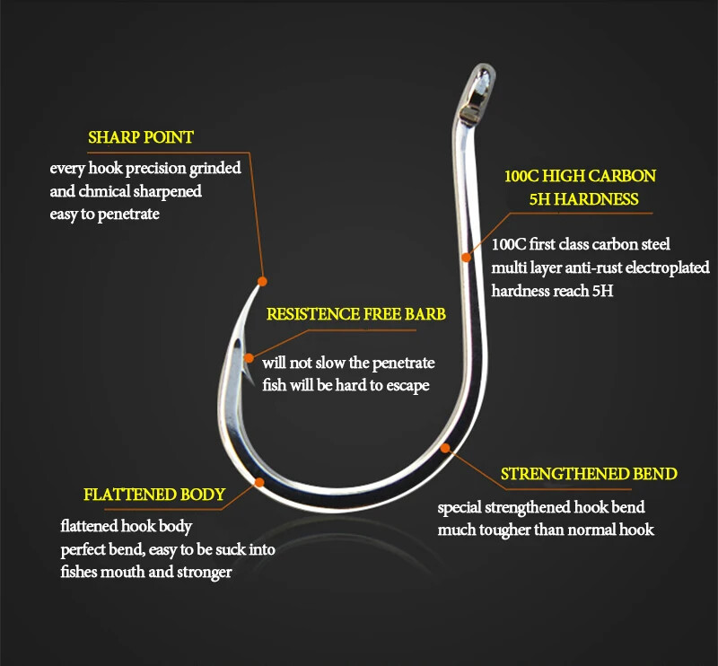 50 vnt. / partijos aštuonkojų žvejybos kabliukai, turintys daug anglies, chemiškai pagaląsti spygliuoto apskrito kabliuko reikmenų rinkinys 5C taško kietumo tiekėjo kabliukai