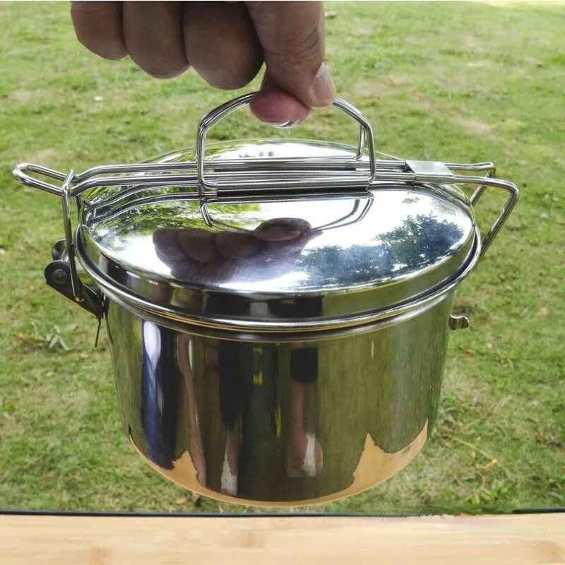 Nerūsējošā tērauda kempinga pusdienu kaste gatavošanas katls saliekams rokturis Bento bļoda pārtikas uzglabāšanas konteiners pikniks pārgājieniem āra trauki