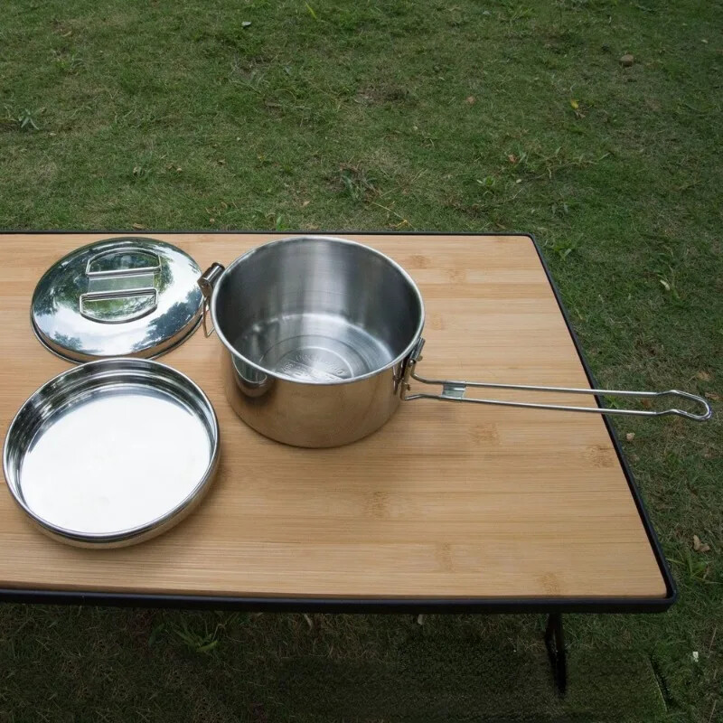 Nerūsējošā tērauda kempinga pusdienu kaste gatavošanas katls saliekams rokturis Bento bļoda pārtikas uzglabāšanas konteiners pikniks pārgājieniem āra trauki