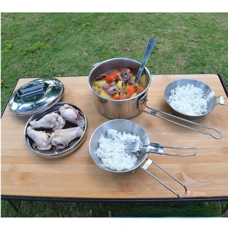 Nerūsējošā tērauda kempinga pusdienu kaste gatavošanas katls saliekams rokturis Bento bļoda pārtikas uzglabāšanas konteiners pikniks pārgājieniem āra trauki