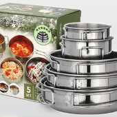 5 vnt. stovyklavimo puodų rinkinys 304 nerūdijančio plieno lauko indų rinkinys.