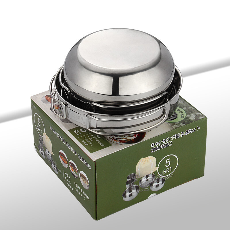 5 vnt. stovyklavimo puodų rinkinys 304 nerūdijančio plieno lauko indų rinkinys.