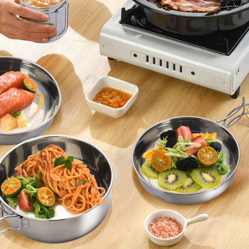 5 vnt. stovyklavimo puodų rinkinys 304 nerūdijančio plieno lauko indų rinkinys.