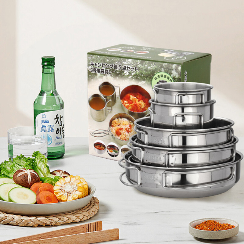 5 vnt. stovyklavimo puodų rinkinys 304 nerūdijančio plieno lauko indų rinkinys.
