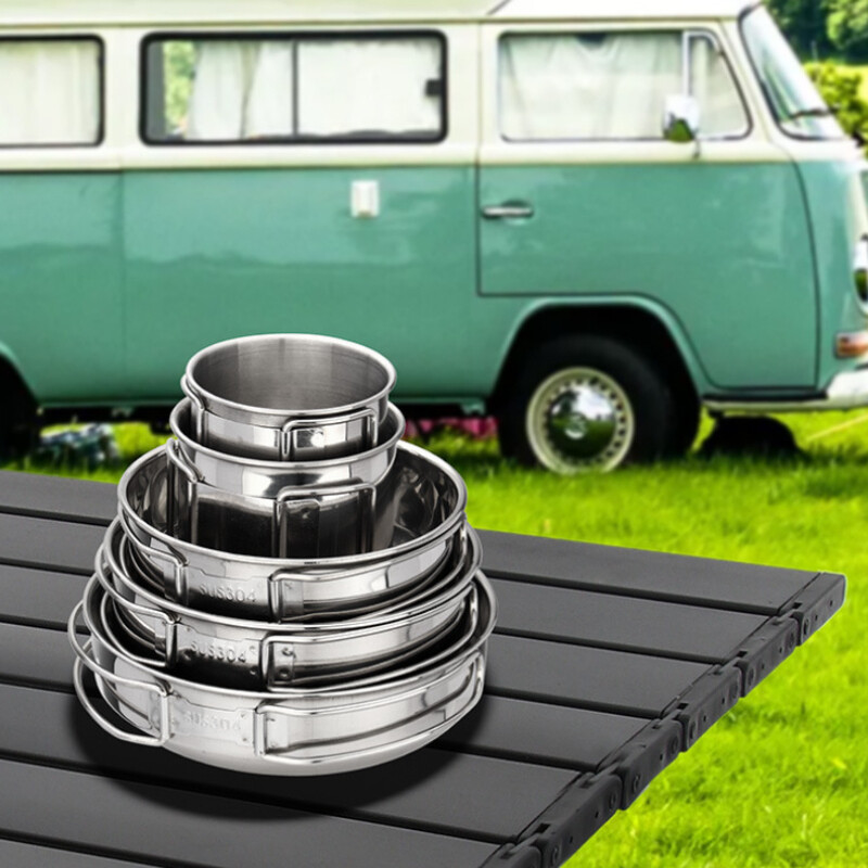 5 vnt. stovyklavimo puodų rinkinys 304 nerūdijančio plieno lauko indų rinkinys.