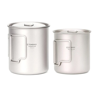 TOMSHOO Ultraľahký titánový hrnček, prenosný, sada 2 ks, 450 ml, 750 ml, kempingový, piknikový, hrnček na vodu so skladacou rukoväťou