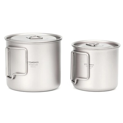 TOMSHOO Ultraľahký titánový hrnček, prenosný, sada 2 ks, 450 ml, 750 ml, kempingový, piknikový, hrnček na vodu so skladacou rukoväťou