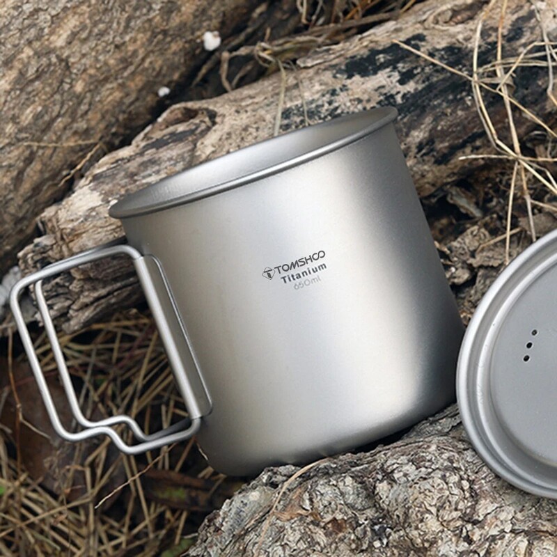 TOMSHOO Ultraľahký titánový hrnček, prenosný, sada 2 ks, 450 ml, 750 ml, kempingový, piknikový, hrnček na vodu so skladacou rukoväťou
