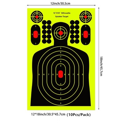 10 ks 8/12palcových samolepiacich terčových nálepiek Bullseye, fluorescenčných žltých, s rozstrekovacími prvkami, pre pištole, pušky, vzduchovky a diabolky