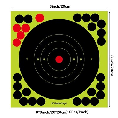 10 ks 8/12palcových samolepiacich terčových nálepiek Bullseye, fluorescenčných žltých, s rozstrekovacími prvkami, pre pištole, pušky, vzduchovky a diabolky