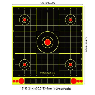 10 ks 8/12palcových samolepiacich terčových nálepiek Bullseye, fluorescenčných žltých, s rozstrekovacími prvkami, pre pištole, pušky, vzduchovky a diabolky