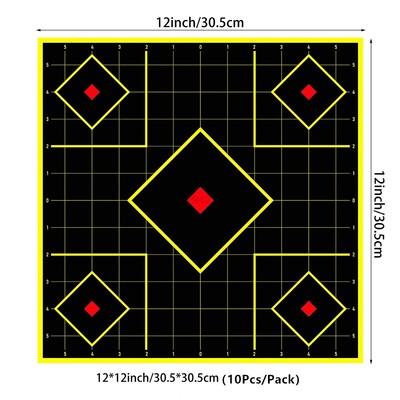 10 ks 8/12palcových samolepiacich terčových nálepiek Bullseye, fluorescenčných žltých, s rozstrekovacími prvkami, pre pištole, pušky, vzduchovky a diabolky