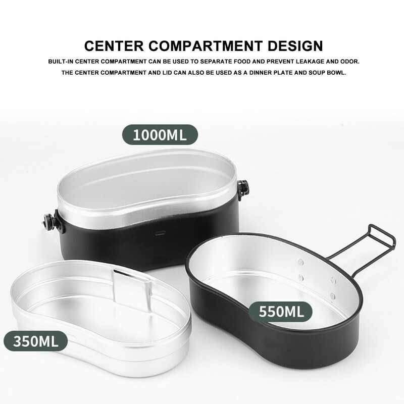 Prenosné kempingové súpravy na riad, hliníková vojenská turistická misa na riad, dvojvrstvová obedárová krabička s rukoväťou