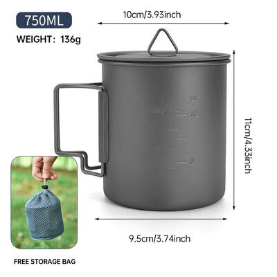 Kempingo gryno titano puodelis, lengvai sulankstomas nešiojamas puodelis, su karščiui atsparia rankena, lengvi lauko iškylų indai