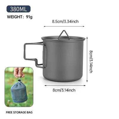 Kempingo gryno titano puodelis, lengvai sulankstomas nešiojamas puodelis, su karščiui atsparia rankena, lengvi lauko iškylų indai