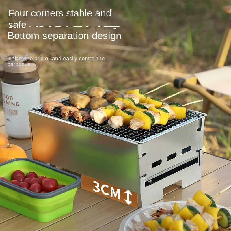 Nešiojama kepsninė su anglimi nerūdijančio plieno mažas mini kepsninės įrankių rinkinys lauke Gaminimas stovyklavietėje iškyla Nešiojama kepsninė