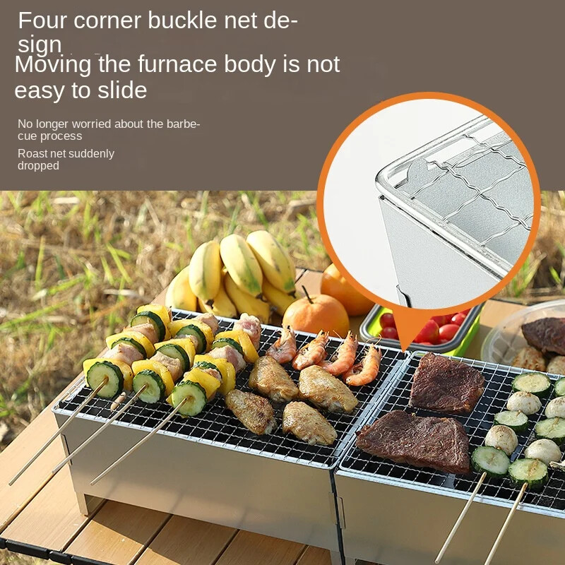 Nešiojama kepsninė su anglimi nerūdijančio plieno mažas mini kepsninės įrankių rinkinys lauke Gaminimas stovyklavietėje iškyla Nešiojama kepsninė