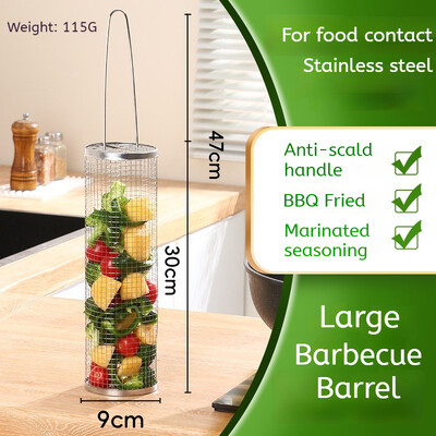 Hordozható rozsdamentes acél barbecue ketrecek grillkosár kemping piknik edények kültéri kerek BBQ tábortűz rács gördülő grill kosár