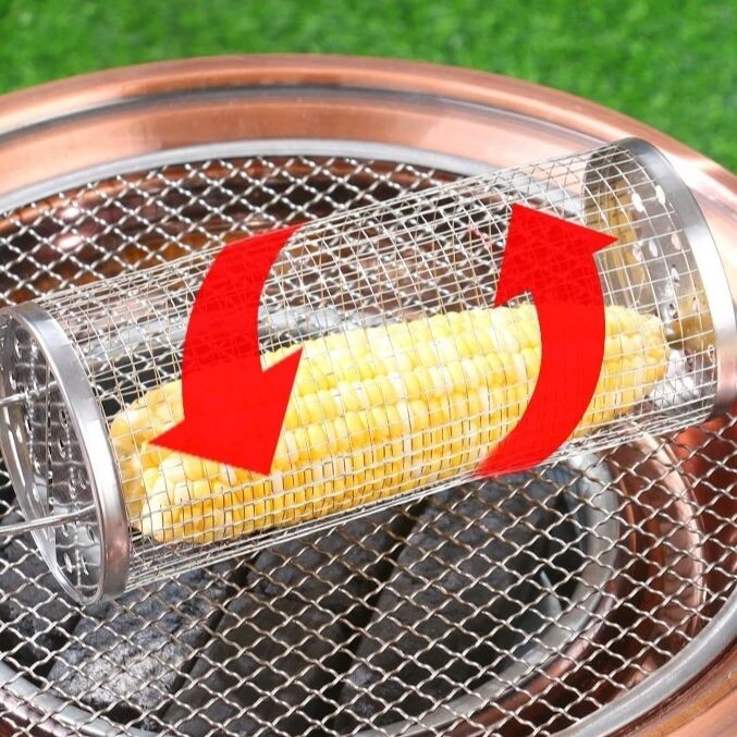 Hordozható rozsdamentes acél barbecue ketrecek grillkosár kemping piknik edények kültéri kerek BBQ tábortűz rács gördülő grill kosár