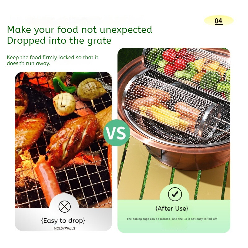 Hordozható rozsdamentes acél barbecue ketrecek grillkosár kemping piknik edények kültéri kerek BBQ tábortűz rács gördülő grill kosár